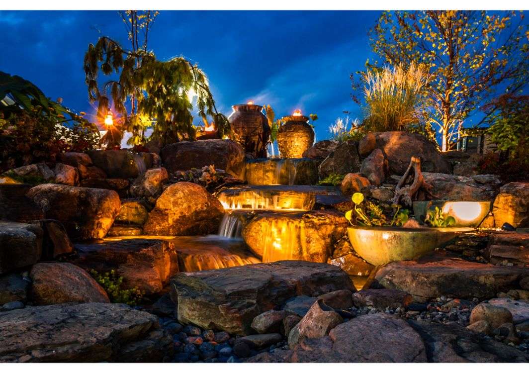 Waterfalls with fountains and lights at night
