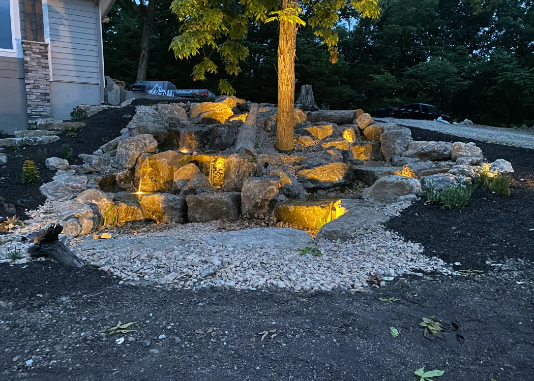 Multi drop pondless waterfall with lights