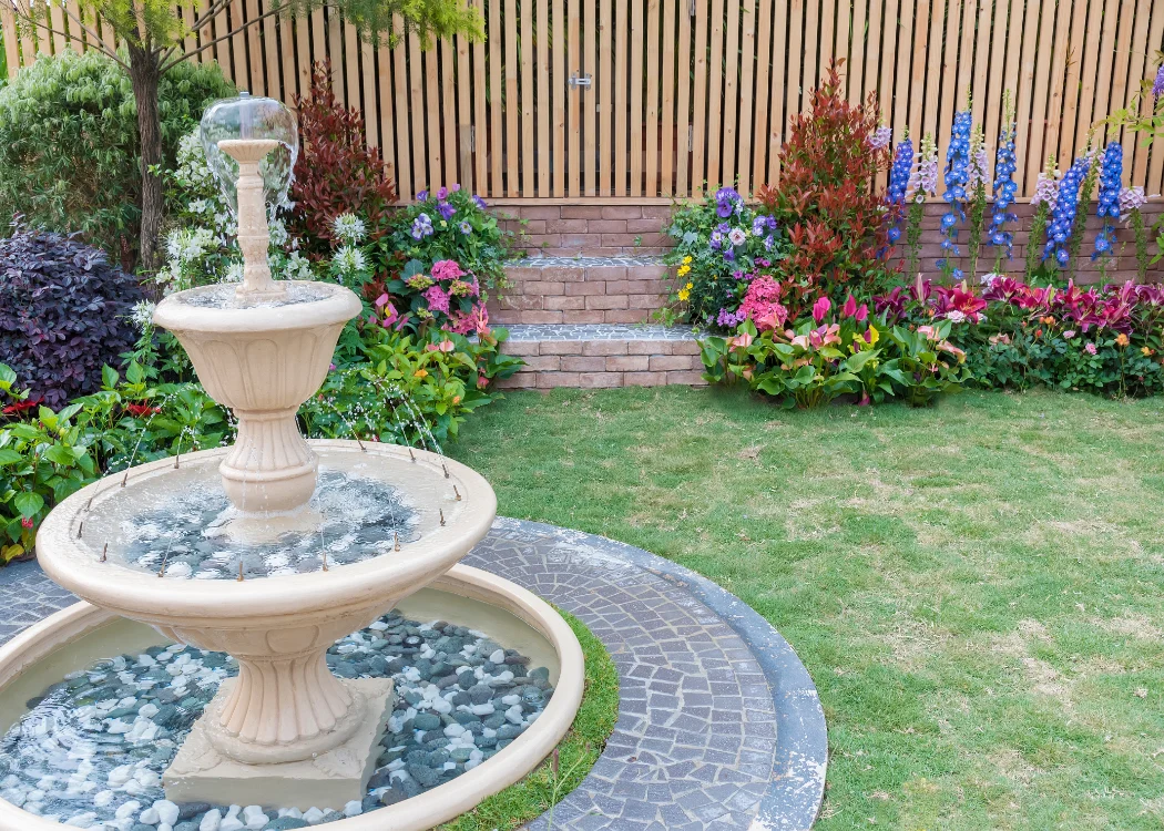 Tiered fountain in backyard garden