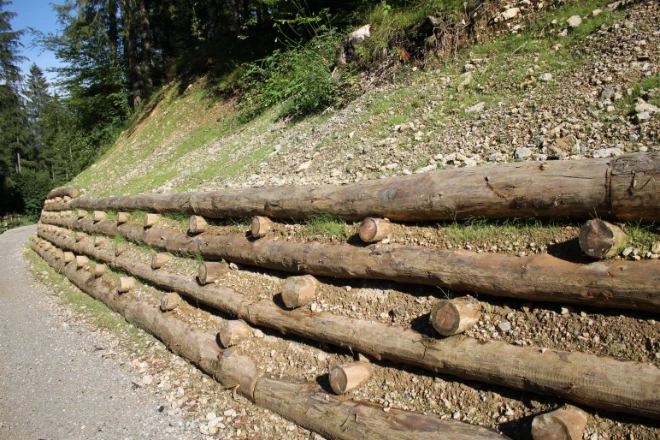 Crib retaining wall holding back a slope