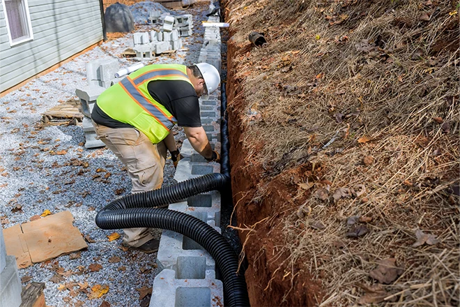 Installing retaining wall drainage pipe for rainwater